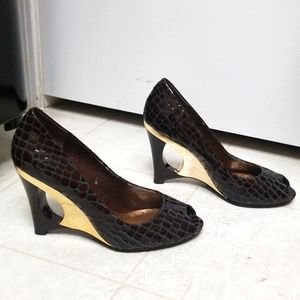 BCBG cutout wedges magda snakeskin leather shoes